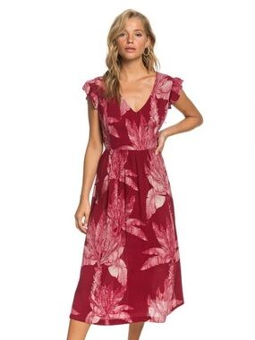 ROXY Rhubarb Banana Tree Tropical Print Ruffle Sleeve Rush Minute Midi Dress